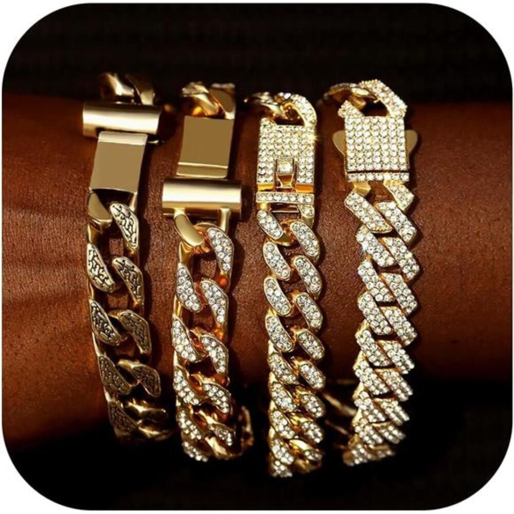 NEW Mens 4PCS Gold Cuban Link  Bracelets